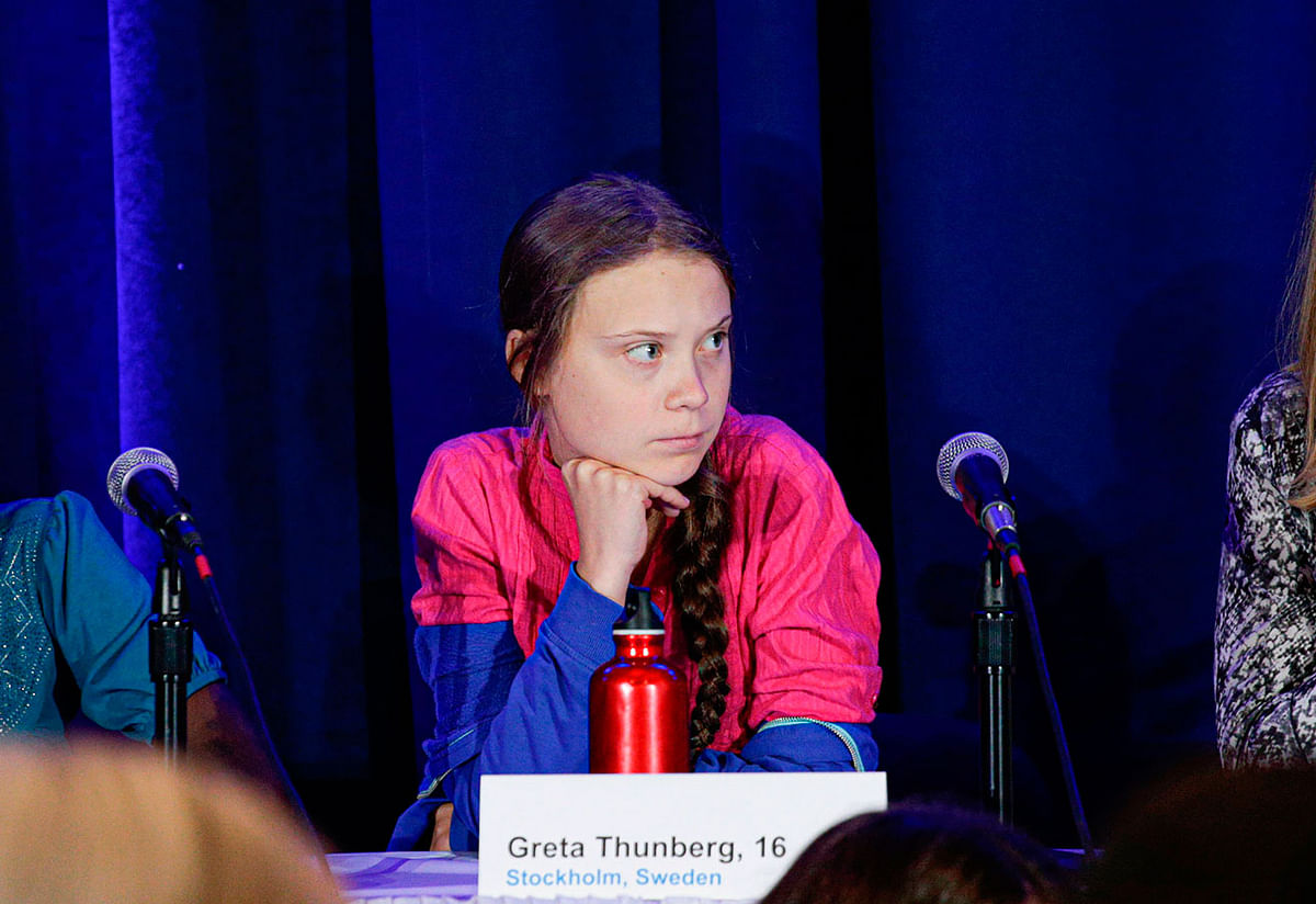 Activist Greta Thunberg attends a press conference where 16 children from across the world, present their official human rights complaint on the climate crisis to the United Nations Committee on the Rights of the Child at the UNICEF Building on 23 September 2019 in New York City. Photo: AFP