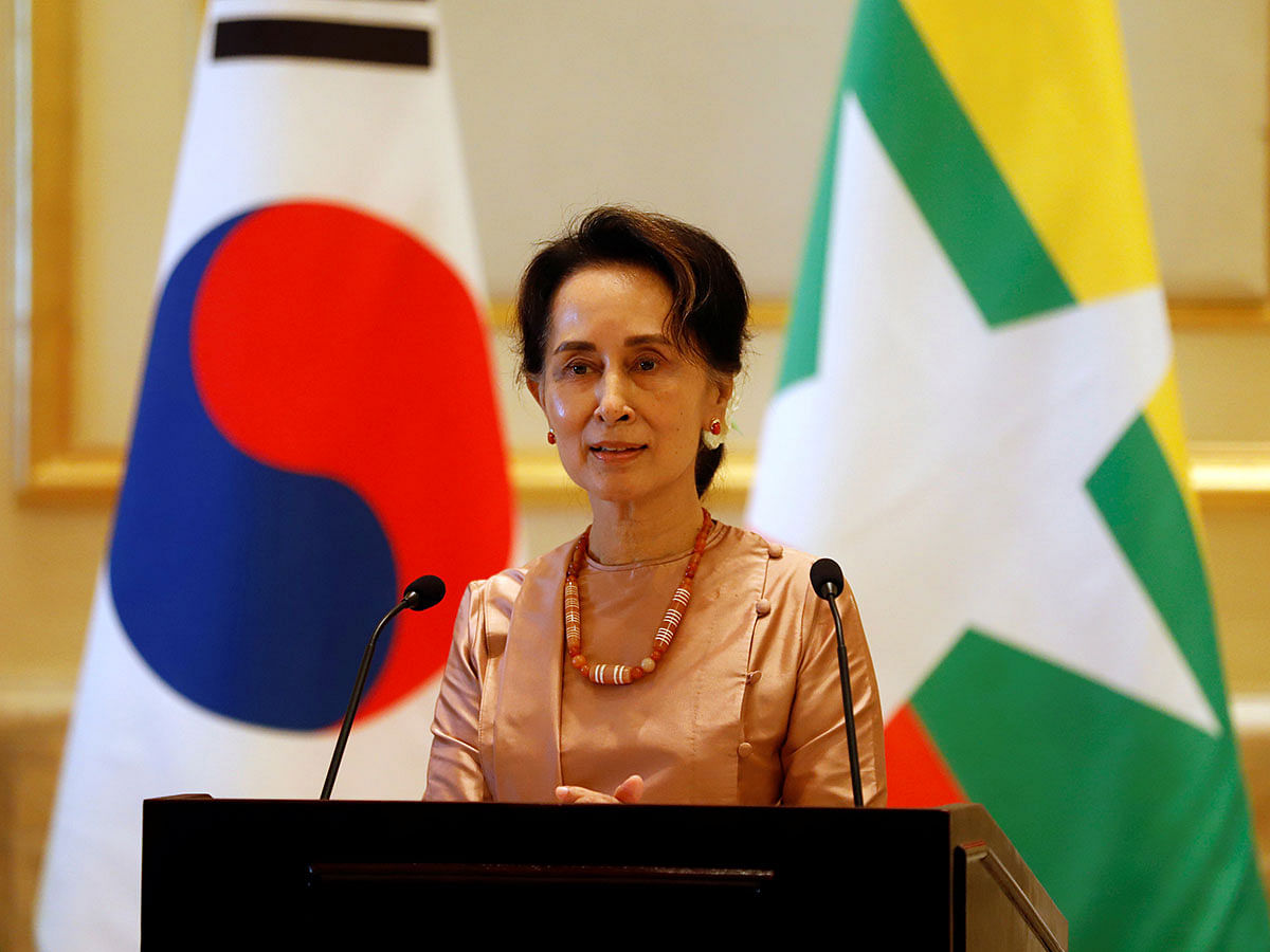 Myanmar`s State Counsellor Aung San Suu Kyi talks to journalists during a press conference after she met with South Korean president Moon Jae-in at the Presidential Palace in Naypyitaw, Myanmar on 3 September 2019. Reuters File Photo