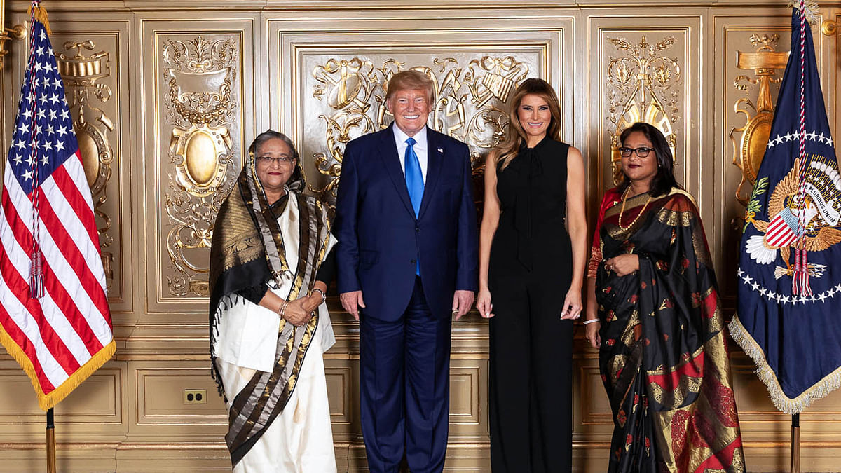 Prime minister Sheikh Hasina and her daughter Saima Wazed Hossain with US president Donald Trump and his wife Melania Trump. Photo: PID