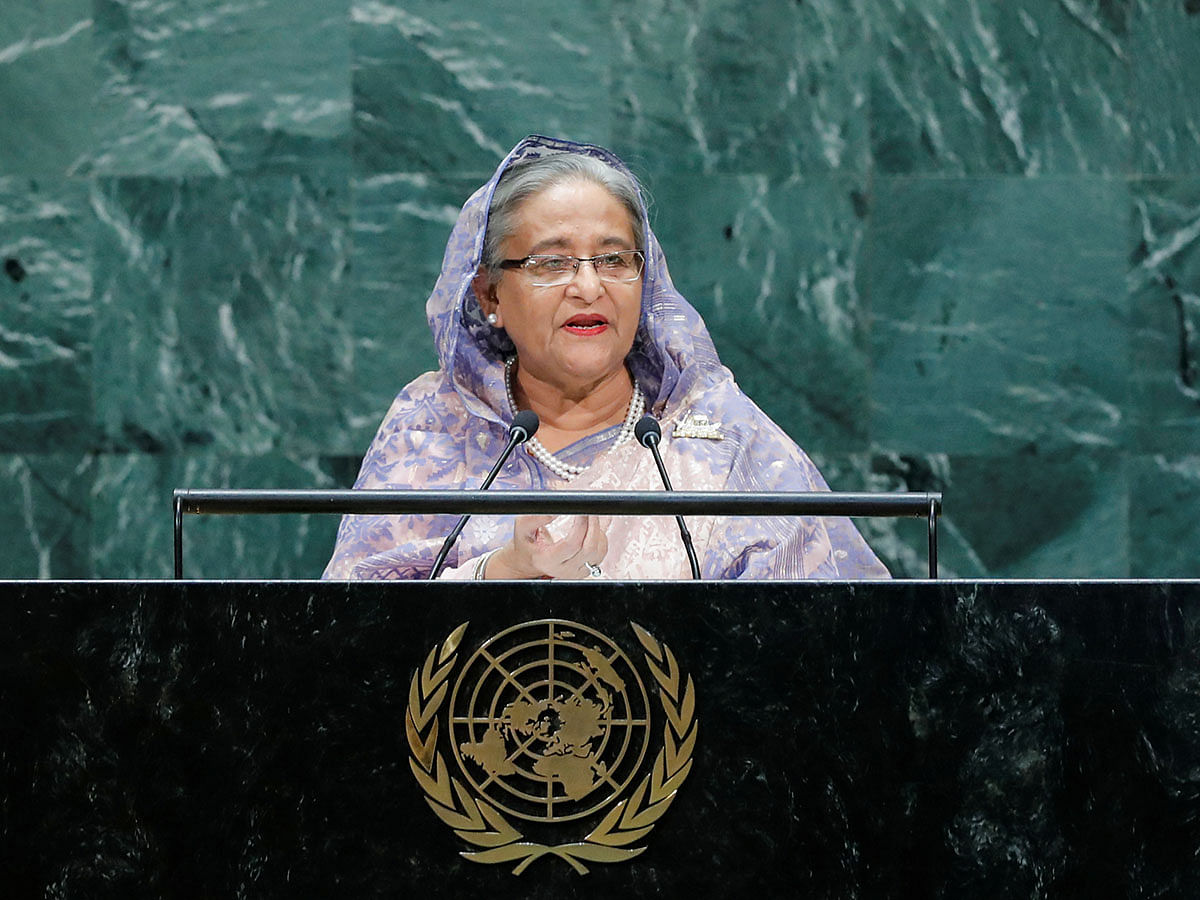 Prime minister Sheikh Hasina addresses the 74th session of the United Nations General Assembly at UN headquarters in New York City, New York, US, on 27 September 2019. Photo: Reuters
