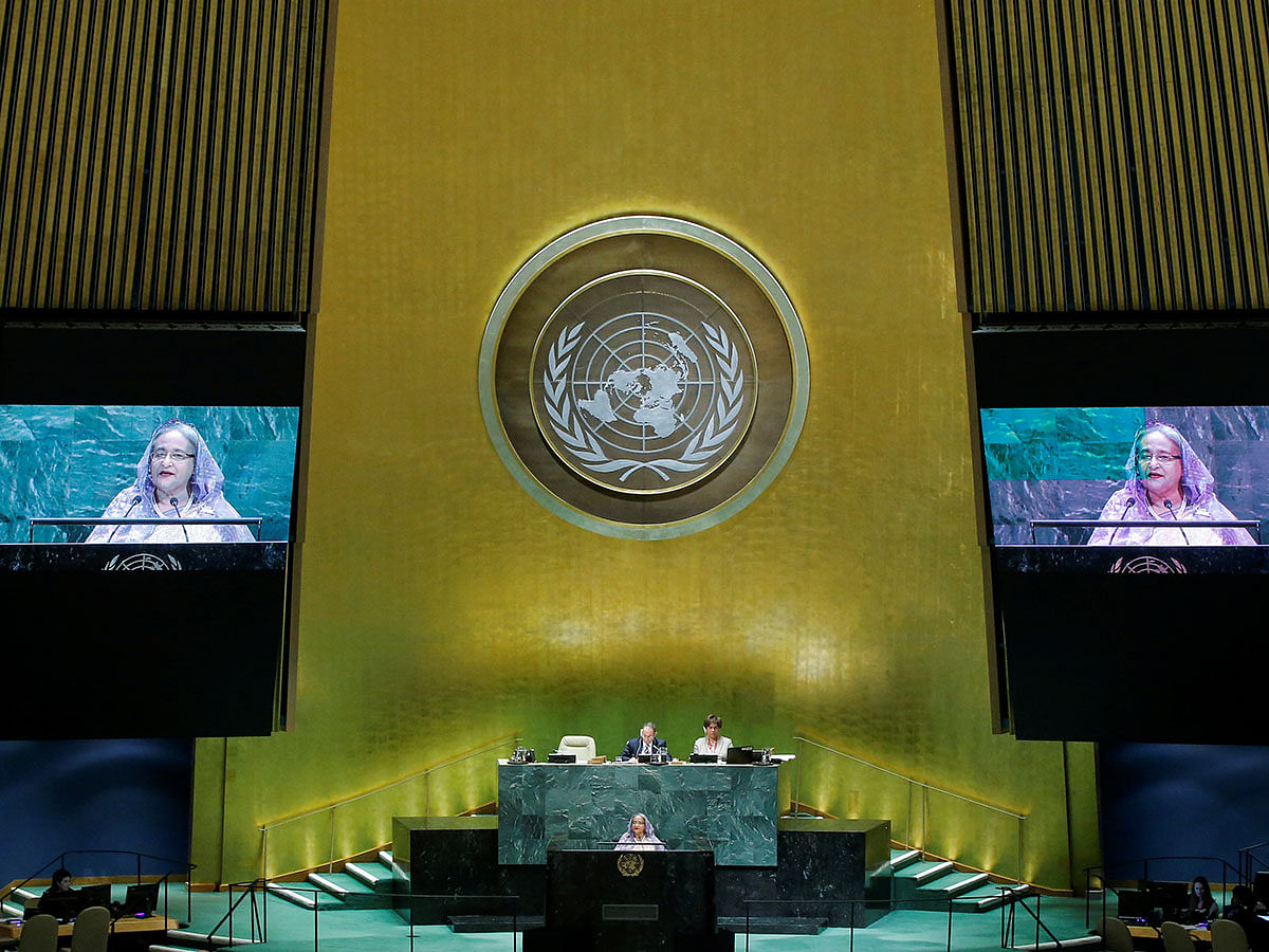Prime minister Sheikh Hasina addresses the 74th session of the United Nations General Assembly at UN headquarters in New York City, New York, US, on 27 September 2019. Photo: Reuters