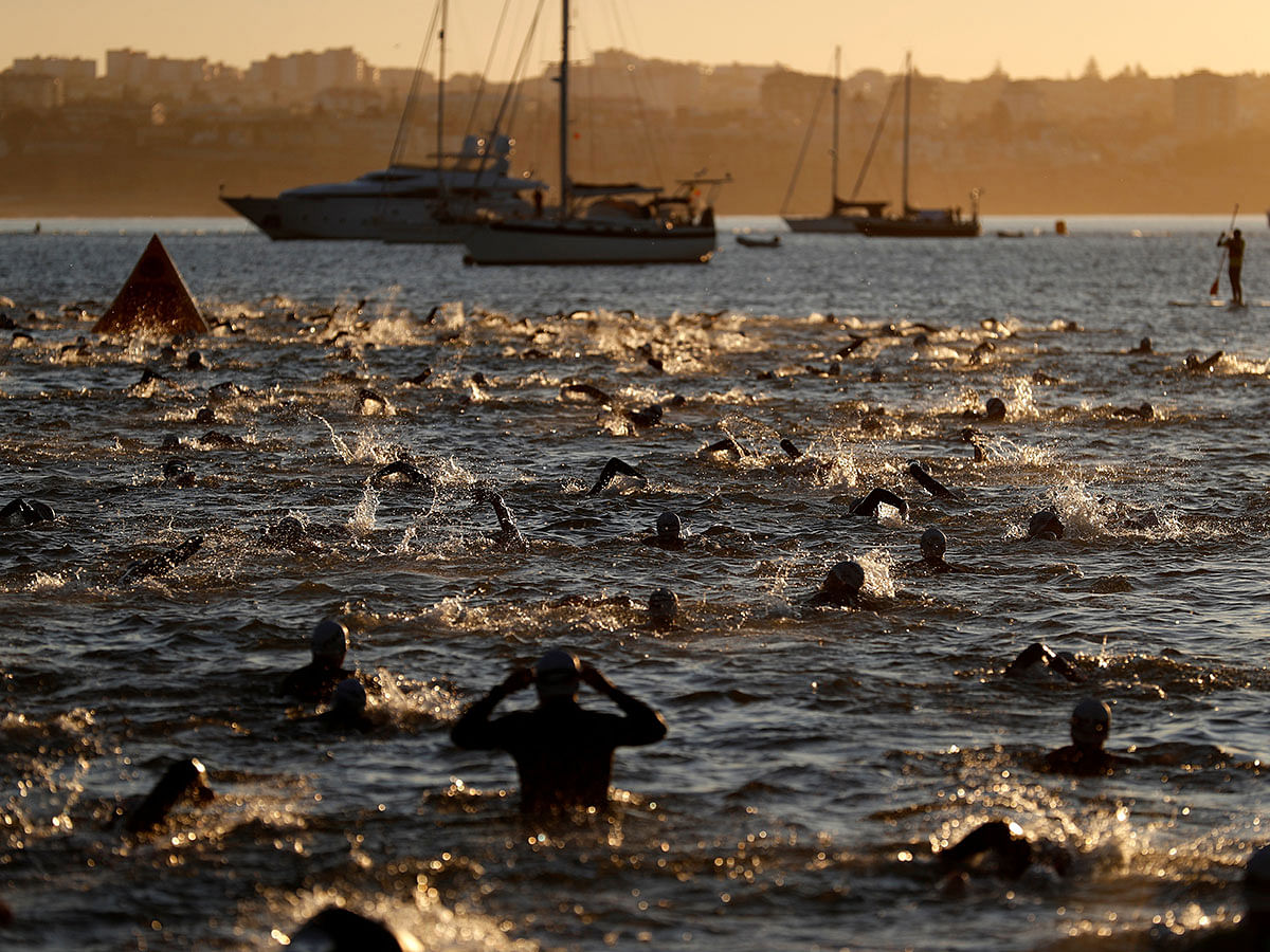 Athletes participate in Ironman 70.3 race in Cascais, Portugal on 29 September 2019. Photo: Reuters