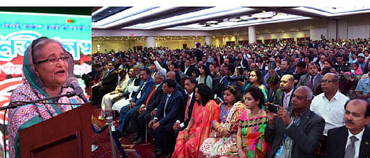 Prime minister Sheikh Hasina addresses an expatriate civic reception accorded to her by the US Awami League at Hotel Marriott Marquis in New York on 28 September. Photo: BSS