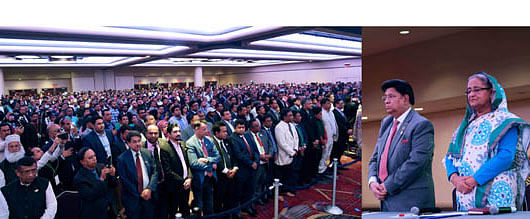Prime minister Sheikh Hasina and others observe a minute’s silence as a mark of profound respect to the martyrs of the language movement, liberation war, Bangabandhu and other martyrs of the 15 August carnage and four national leaders before an expatriate civic reception accorded to her by the US Awami League at Hotel Marriott Marquis in New York on 28 September. Photo: BSS