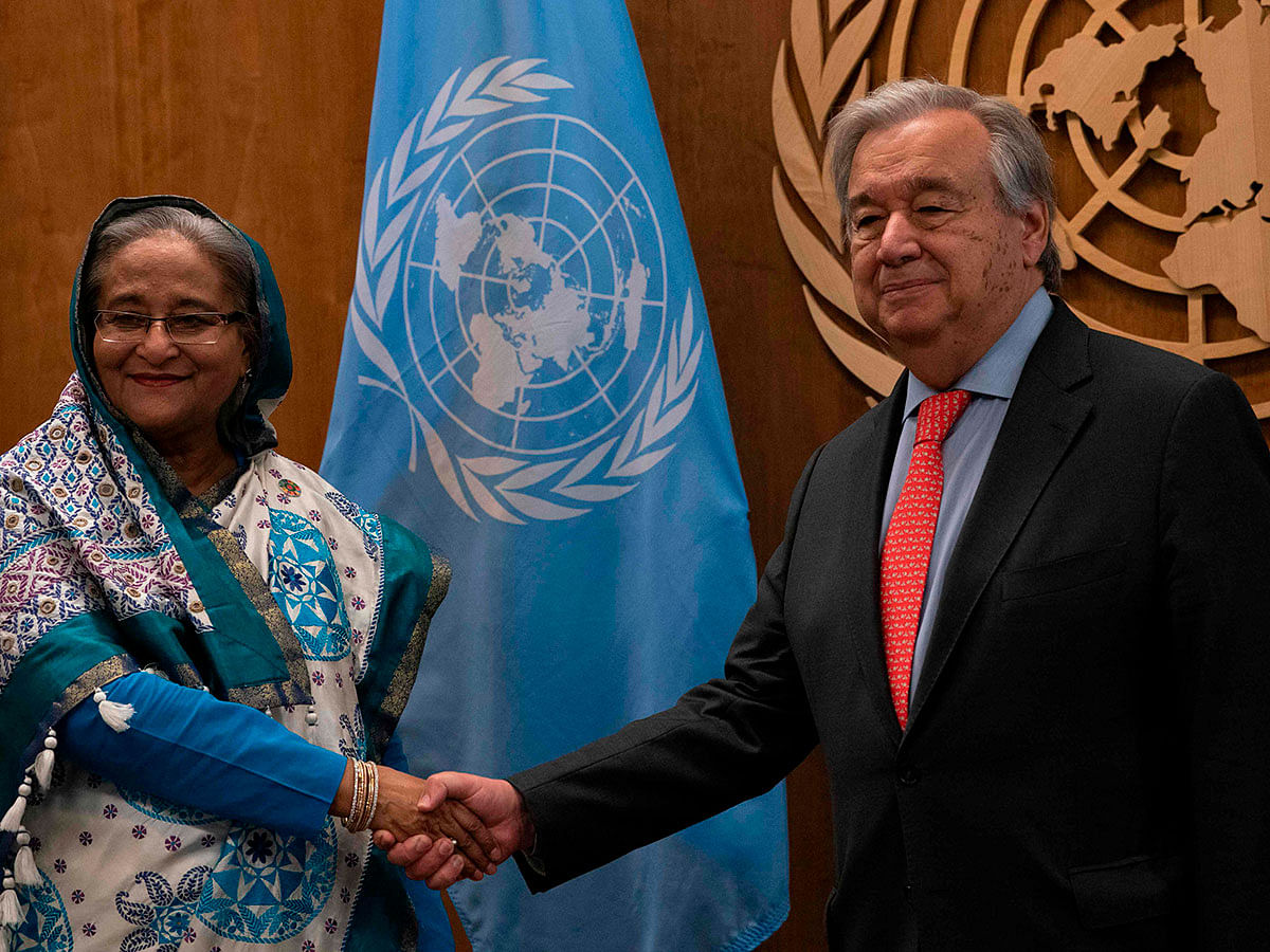 United Nations Secretary General António Guterres (R) meets with Bangladesh prime minister Sheikh Hasina at the 74th session of the United Nations General Assembly 28 September 2019, in New York. Photo: AFP