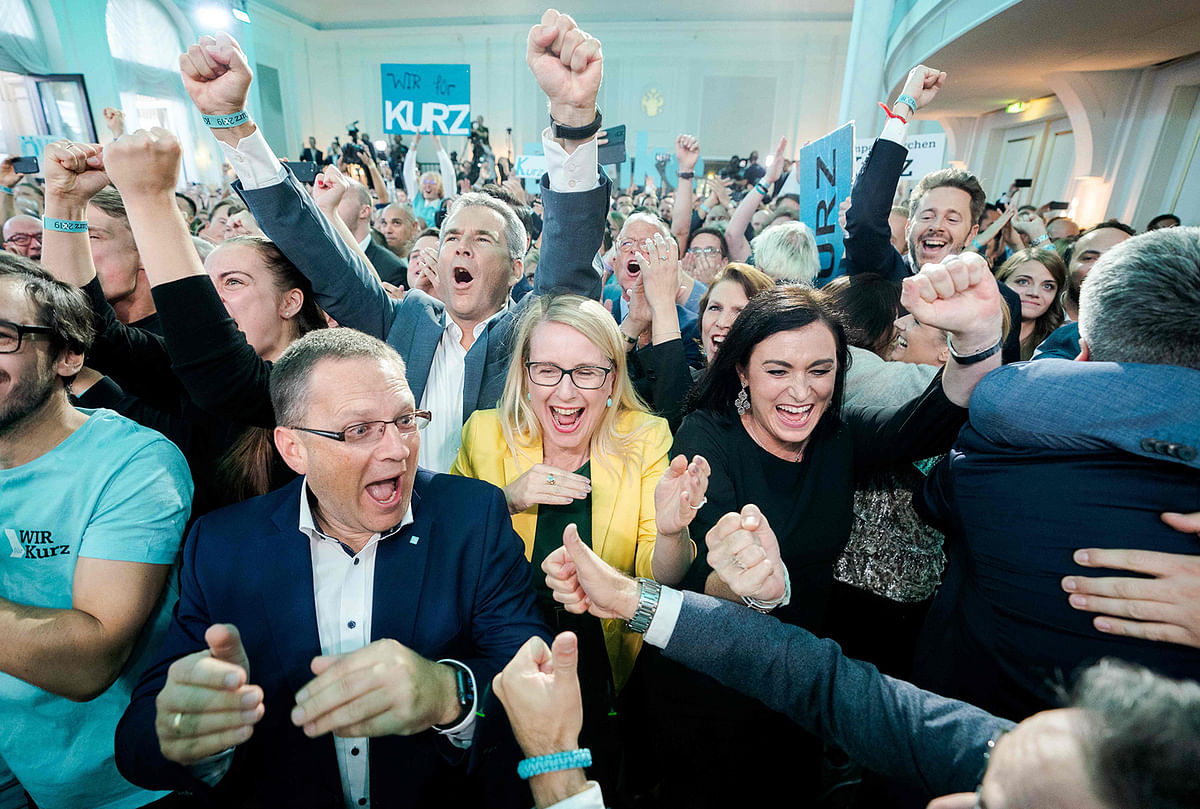 Supporters of Austria`s People`s party (OeVP) cheer in reaction to exit polls during their party`s electoral evening in Vienna, Austria, on 29 September 2019. Photo: AFP