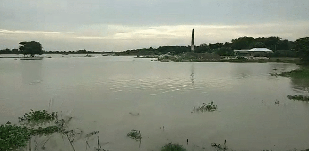 Flashflood caused by rise of water level in the Padma river inundates low-lying areas in three unions under Lalpur upazila of Natore. Photo: UNB