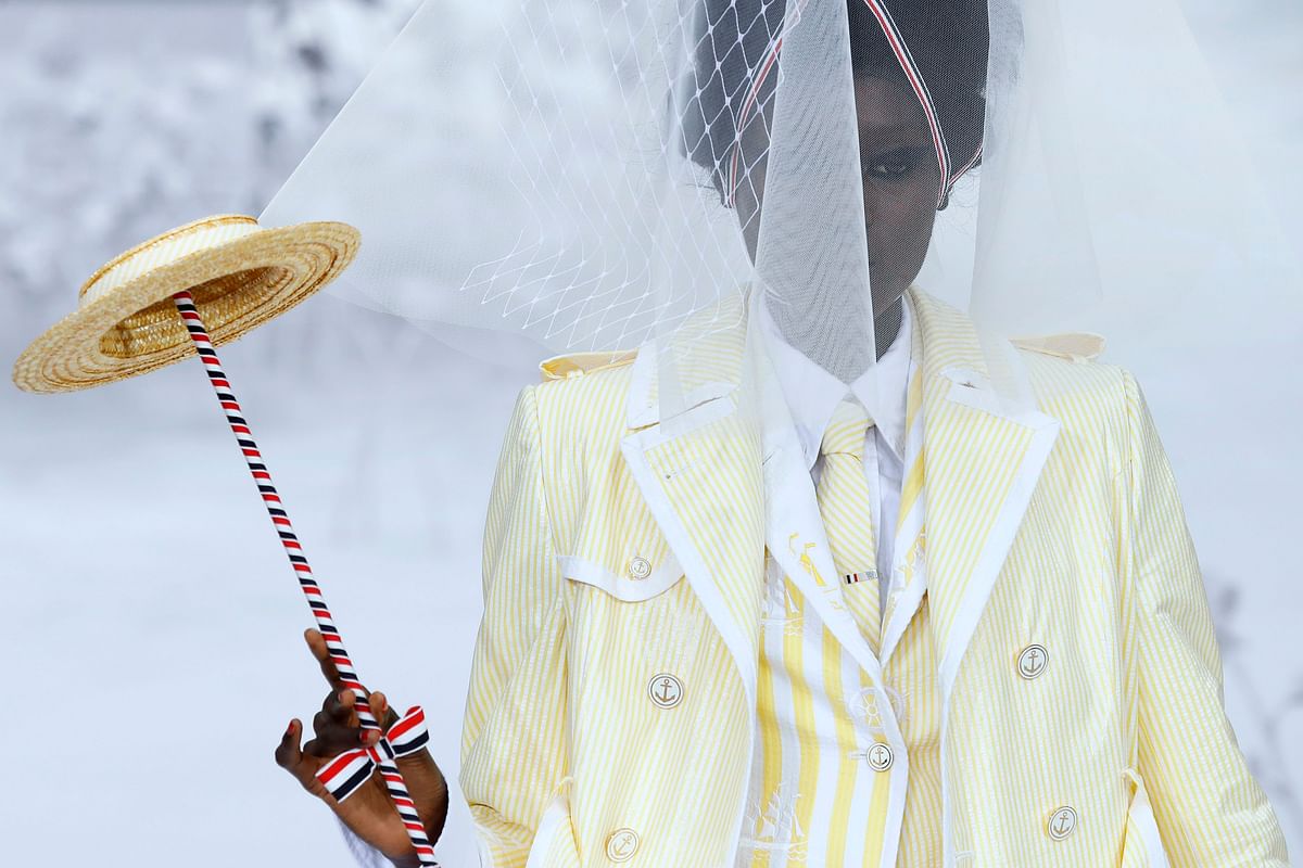 A model presents a creation by Thom Browne during the Women`s Spring-Summer 2020 Ready-to-Wear collection fashion show at the Ecole nationale superieure des Beaux-Arts in Paris, on 29 September 2019. Photo: AFP