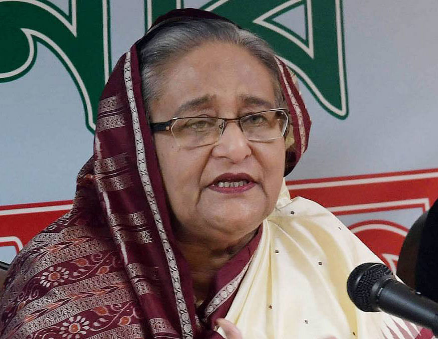 Prime minister Sheikh Hasina addresses a press conference at the Permanent Mission of Bangladesh in New York on Sunday, 29 September, 2019. Photo: PID