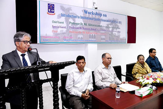DU vice-chancellor (VC) Md Akhtaruzzaman speaks at a seminar on Instruction to Institutional Quality Assurance Cell at Nabab Nawab Ali Chowdhury Senate Bhaban on 29 September, 2019. Photo: BSS