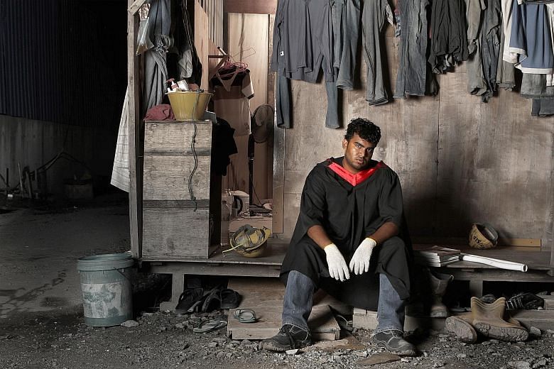 A student-trafficking victim now living and working in a “kongsi”, Malaysian term for migrant construction workers’ housing, where conditions are often dirty and dangerous. Photo: R AGE/The Star, Malaysia