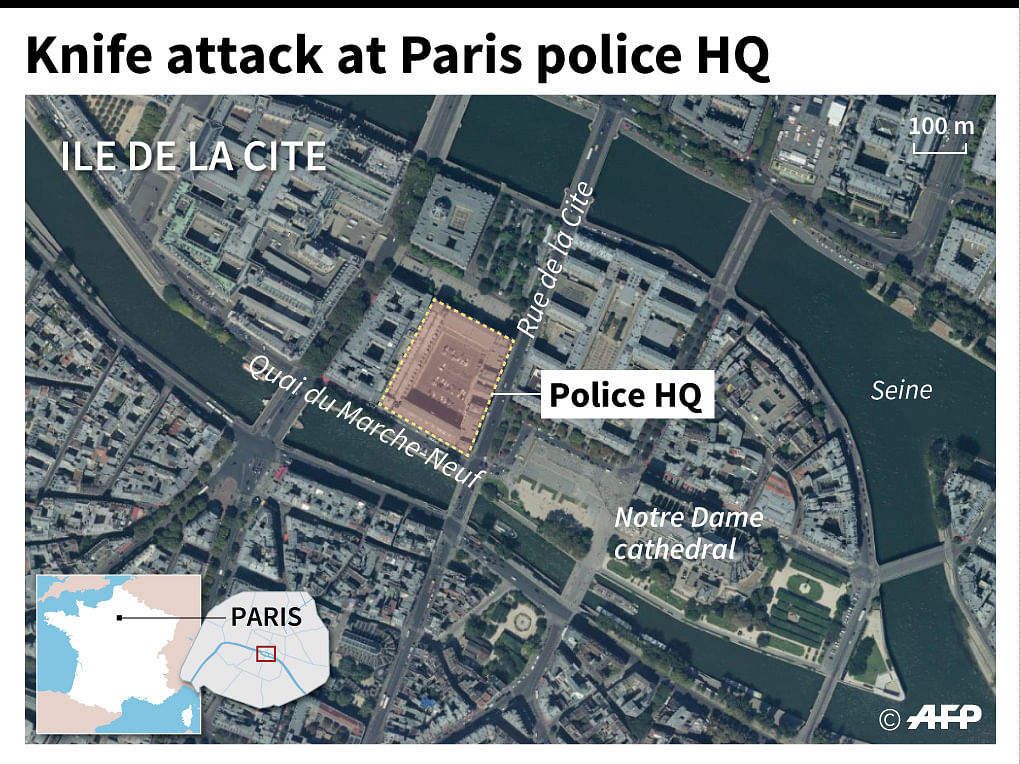 Map locating knife attack at police HQ in central Paris. Photo: AFP