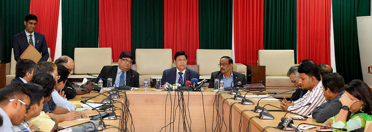 Foreign minister AK Abdul Momen briefs newsmen about prime mnister Sheikh Hasina’s visit to India at foreign ministry on Wednesday afternoon. Photo: PID