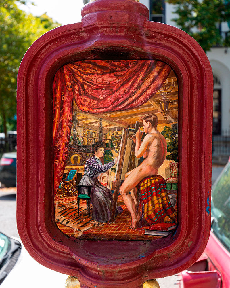An old police and fire call box is decorated with art by artist Peter Waddell as part of the Sheridan-Kalorama Call Box Restoration Project in Washington, DC, on 16 September 2019. Photo: AFP