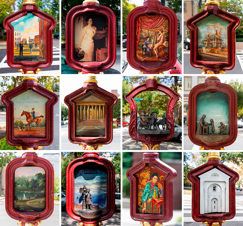 This combination of pictures created on 16 September 2019 in Washington, DC, shows old call boxes filled with art as part of the Sheridan-Kalorama Call Box Restoration Project (first row, L-R) by artists Peter Waddell, Cecilia Beaux, Peter Waddell and Peter Waddell, (second row, L-R) by artists Peter Waddell, Peter Waddell, Michael Knud Ross and Michael Knud Ross, (third row, L-R) by artists Charles Codman, Michael Knud Ross, Peter Waddell and Supon Phornirunlit. on 16 September 2019. Photo: AFP