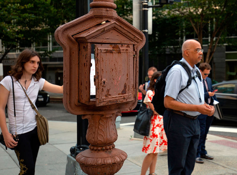 An old call box formerly used to help firefighters and police, is seen in Washington, DC, on 12 September 2019. Photo: AFP