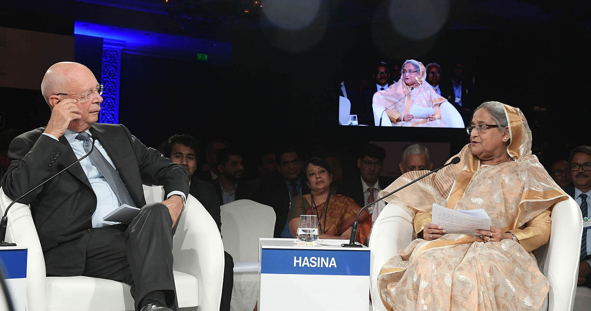 Prime minister Sheikh Hasina addresses the closing plenary of India Economic Summit of the World Economic Forum at Hotel Taj Palace in New Delhi, India. Photo: PID