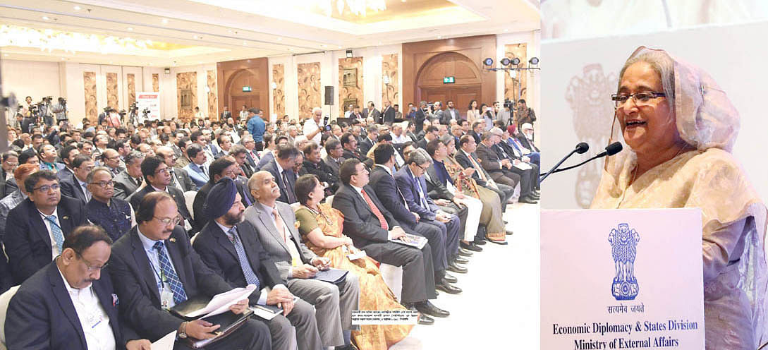 Prime minister Sheikh Hasina addresses the inauguration of India-Bangladesh Business Forum (IBBF) at Kamal Mahal Hall of Hotel ICT Maurya in India’s New Delhi, India on 4 October. Photo: PID