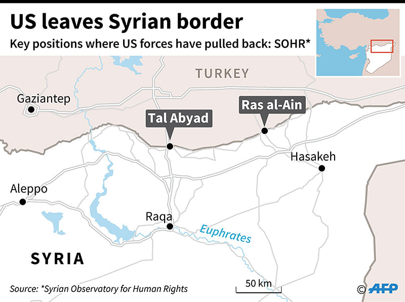 Map locating two key positions along Syria`s northern border where US forces have pulled. Photo: AFP