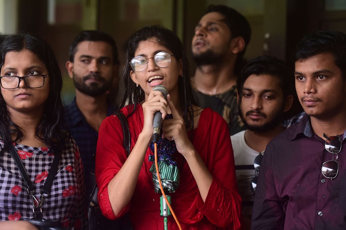 A Bangladeshi student of Dhaka University makes a speech during a protest in Dhaka on October 7, 2019. Hundreds of students staged protests in Bangladesh universities after a pupil was allegedly beaten to death by activists of the ruling party hours after he criticised Prime Minister Sheikh Hasina`s water sharing deal with India. Photo: AFP