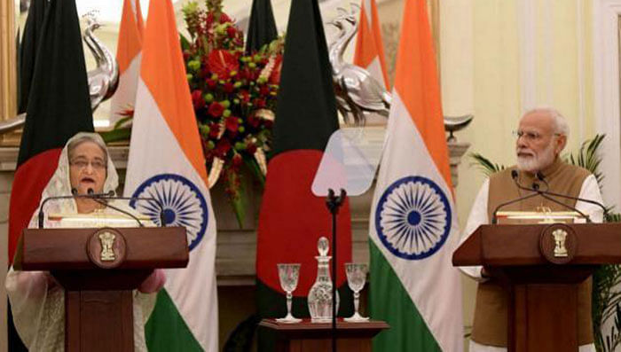 Prime minister Sheikh Hasina speaks at a bilateral meeting at Hyderabad House in New Delhi, India. Photo: PID