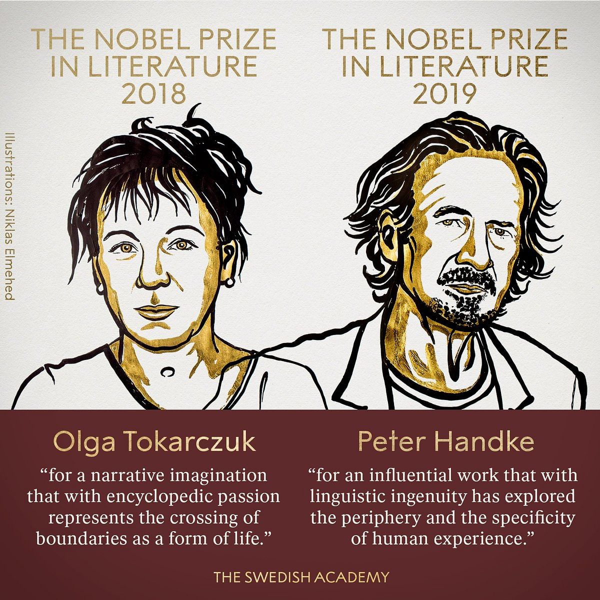 Polish writer Olga Tokarczuk and Austrian novelist and playwright Peter Handke. Photo: The Nobel Prize twitter page
