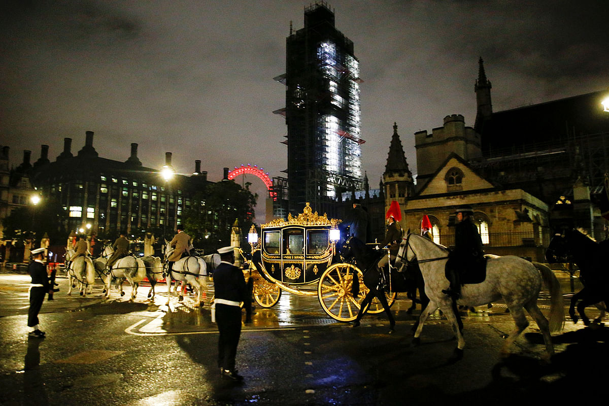 Military rehearse the ceremony for the State Opening of Parliament during the early hours of the morning in Westminster, London. Photo: Reuters