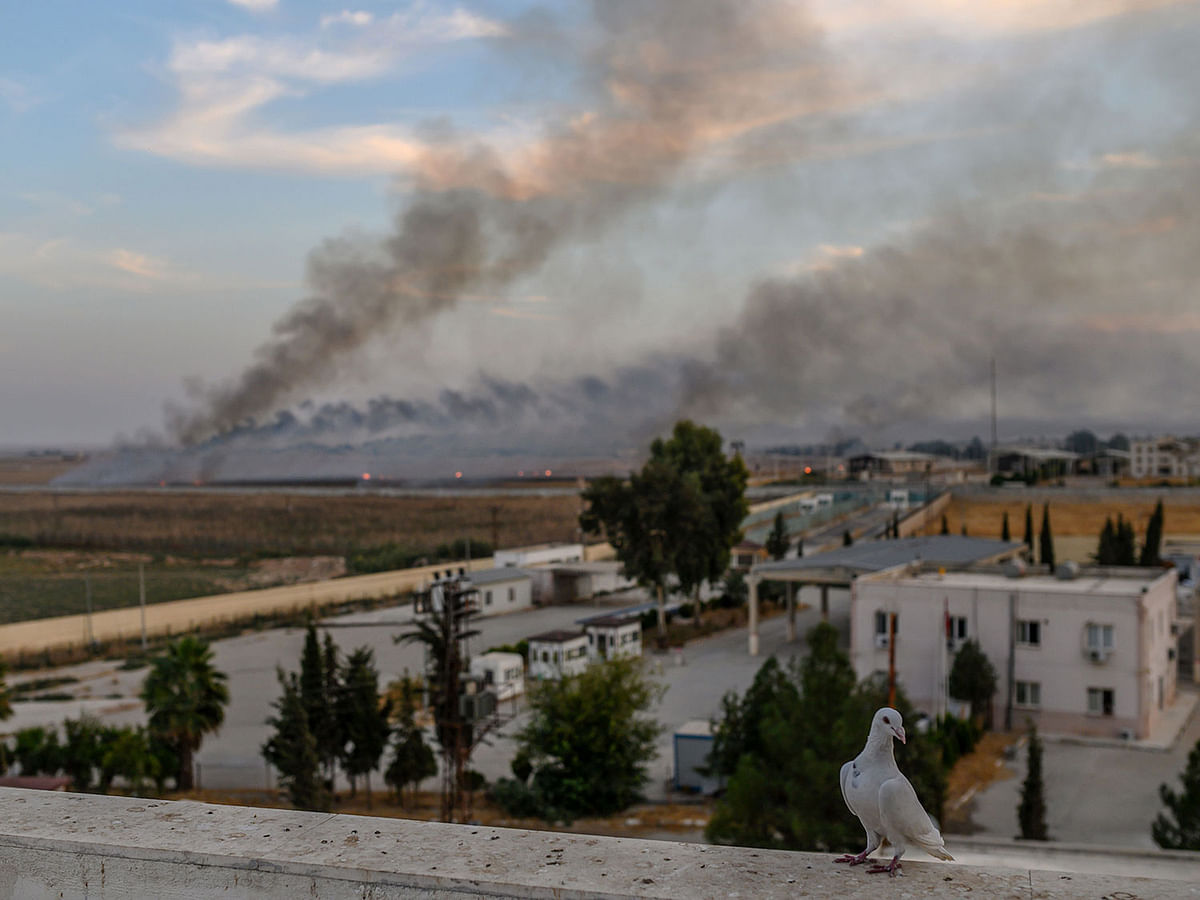 Smoke rises from the Syrian town of Tal Abyad, in a picture taken from the Turkish side of the border where a pigeon is seen in Akcakale on 10 October on the second day of Turkey`s military operation against Kurdish forces. Photo: AFP