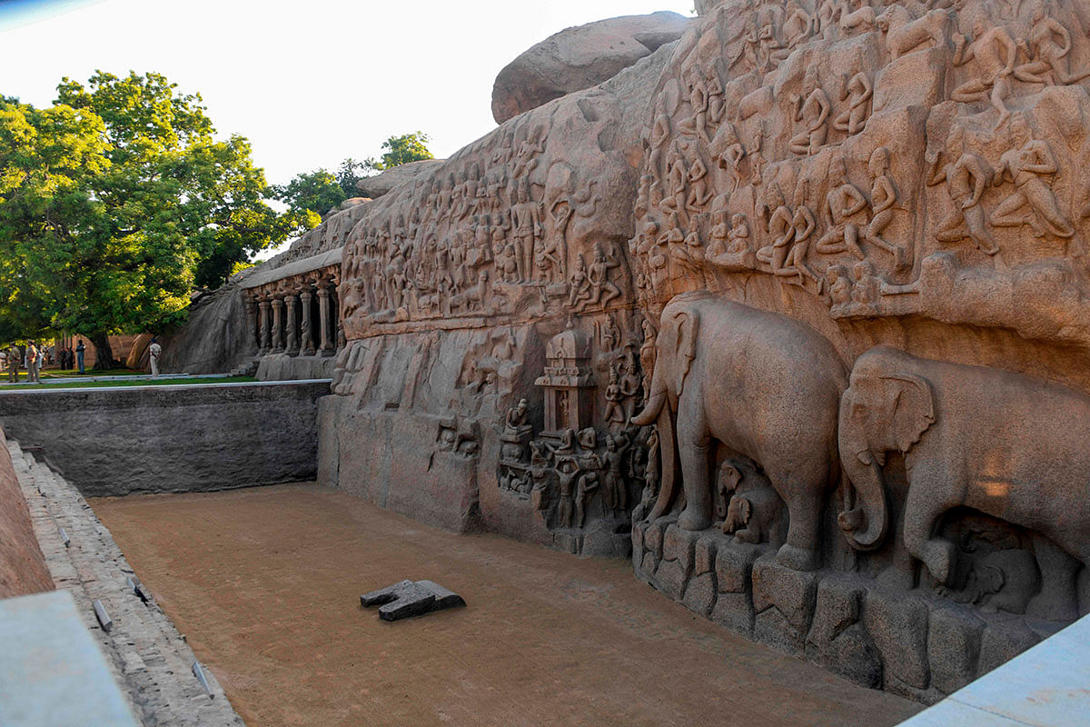 A general view of Arjuna`s Penance at Mahabalipuram on 10 October 2019, ahead of a summit between India`s prime minister Narendra Modi and China`s president Xi Jinping held at the World Heritage Site of Mahabalipuram from 11 to 13 October in Tamil Nadu state, India. Photo: AFP