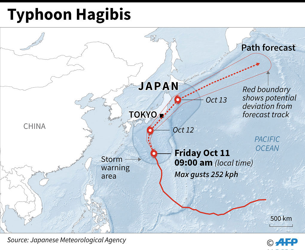 Map showing forecast path of typhoon Hagibis which is approaching Japan and threatens to disrupt the Rugby World Cup. Photo: AFP