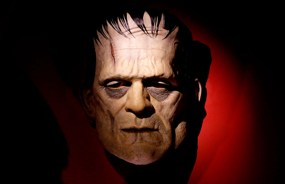 In this file photo taken on 29 May 2019 a piece from the movie `Frankenstein` is displayed during the exhibition `Guillermo del Toro, At Home with My Monsters` -a collection of personal items and some that he used in his movies- in Guadalajara, State of Jalisco, Mexico. Photo: AFP