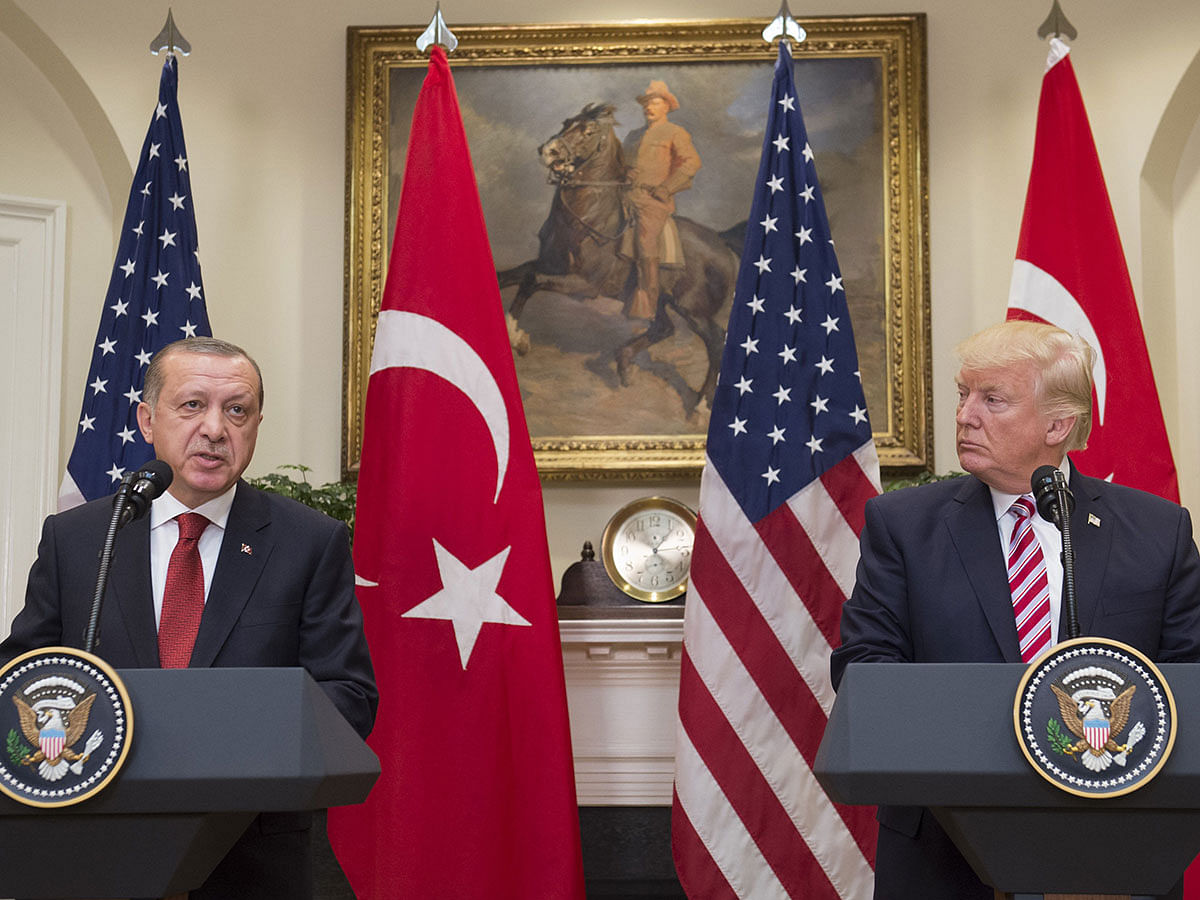 In this file photo taken on 16 May 2017 US president Donald Trump and Turkish president Recep Tayyip Erdogan speak to the press in the Roosevelt Room of the White House in Washington, DC. Photo: AFP