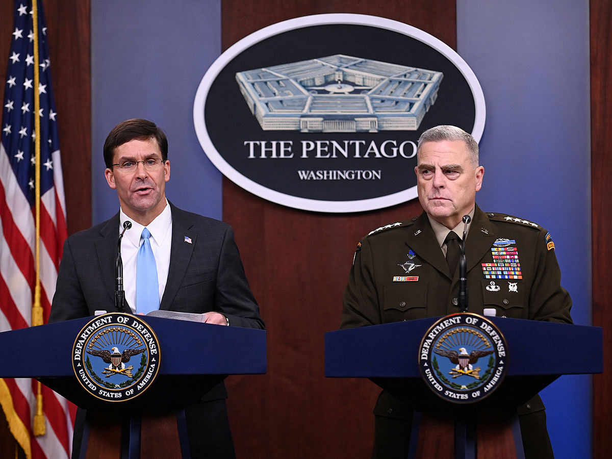 US defence secretary Mark Esper and Joint Chiefs Chairman General Mark Milley address reporters during a media briefing at the Pentagon in Arlington, Virginia, US, on 11 October 2019. Photo: Reuters