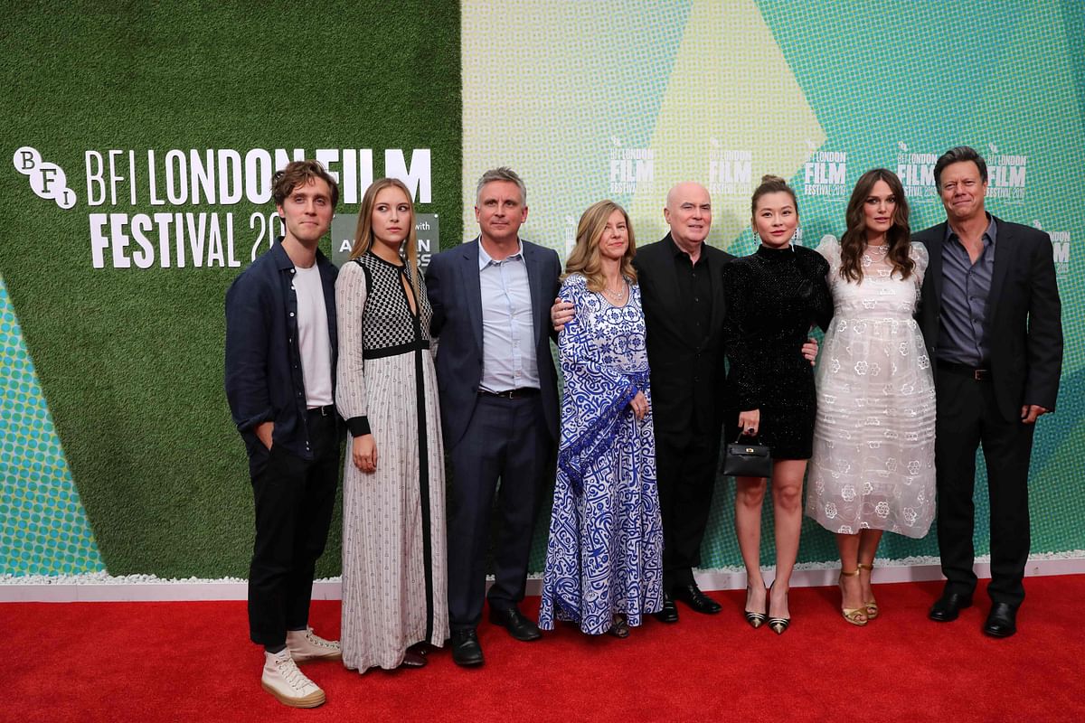 British actor Jack Farthing, British actor Hanako Footman, British journalist Martin Bright, British translator Katharine Gun, British film producer Ged Doherty, Chinese producer Melissa Shiyu Zuo, British actor Keira Knightley and South African film director Gavin Hood pose on the red carpet upon arrival for the European premiere of the film `Official Secrets` in London on 10 October. Photo: AFP