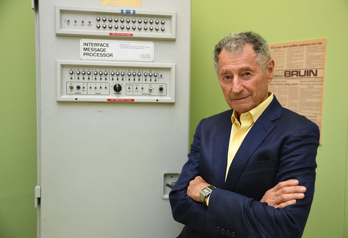 Dr. Leonard Kleinrock poses beside the first Interface Message Processor (IMP) in the lab where the first internet message was sent, at the University of California Los Angeles (UCLA) on 24 September, 2019 in Los Angeles, California, one month ahead of celebrations to mark the 50th anniversary of the creation of the internet. Photo: AFP