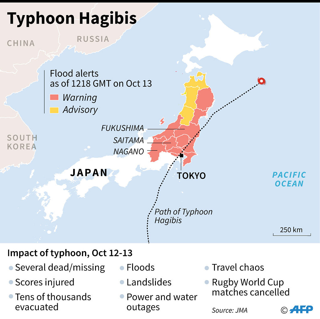 Map of Japan showing path of Typhoon Hagibis, flood warnings on 13 October and provinces particularly badly affected by the typhoon. Photo :AFP