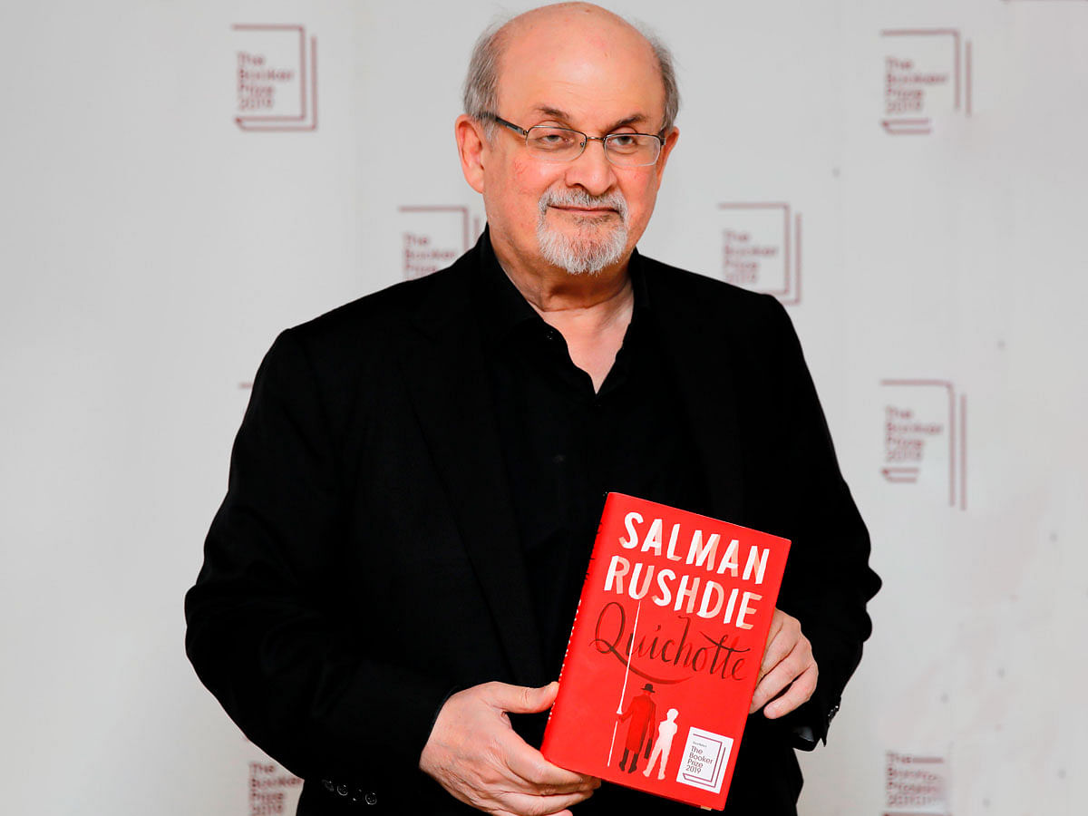 British author Salman Rushdie poses with his book `Quichotte` during the photo call for the authors shortlisted for the 2019 Booker Prize for Fiction at Southbank Centre in London on 13 October. Photo: AFP