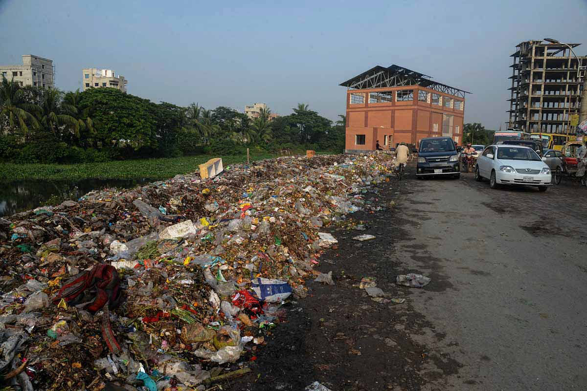 Wastes by a road in Dhaka. Photo: UNB