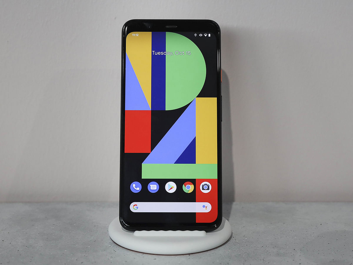 The new Google Pixel 4 smartphone is displayed during a Google launch event on 15 October 2019 in New York City. The new Pixel 4 and Pixel 4 XL phone starts at $799 and will begin shipping on 24 October. Photo: AFP