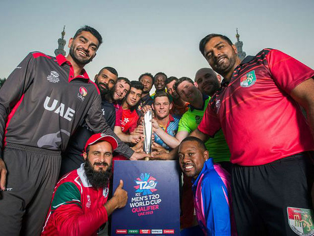 The captains of fourteen teams pose for a photo in Dubai. Photo: ICC