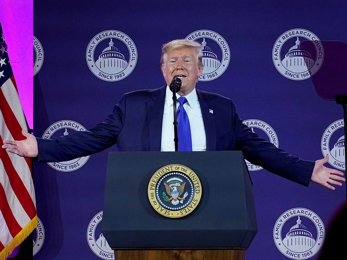 President Donald Trump addresses conservative activists at the Family Research Council`s annual gala in Washington on 12 October. Photo: Reuters