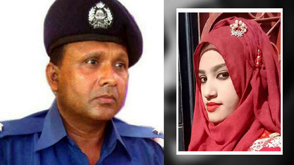 Former officer-in-charge at Sonagazi police station Moazzem Hossain (L) and Feni madrasa student Nusrat Jahan Rafi. UNB File Photo