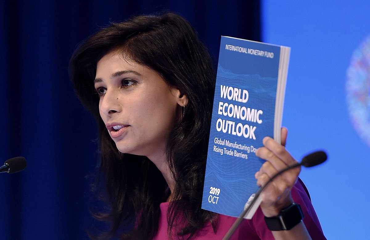Gita Gopinath, IMF Chief Economist and Director of the Research Department, speaks at a briefing during the IMF and World Bank Fall Meetings on 15 October 2019 in Washington, DC. Photo: AFP