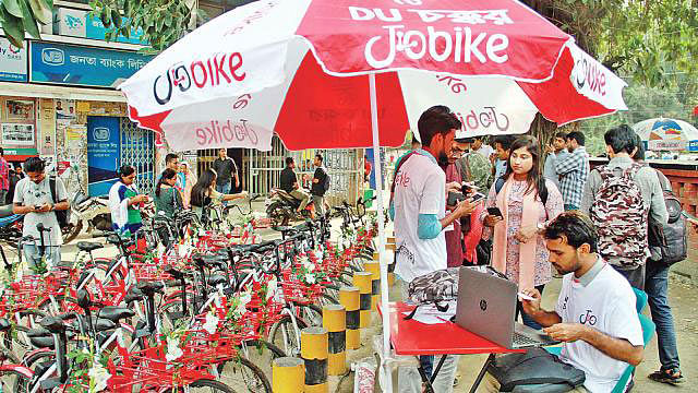 ‘Jobike-DU Chakkar’ launched jointly by DUCSU and Jobike authorities on Dhaka University campus on 16 October 2019. Photo: Focus Bangla