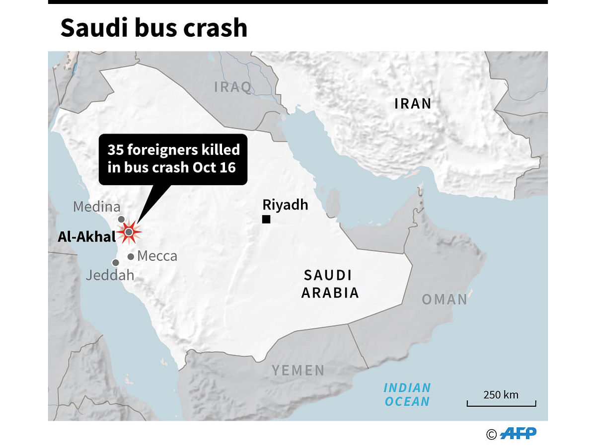 Map locating a fatal bus crash in Saudi Arabia on Wednesday. Photo: AFP