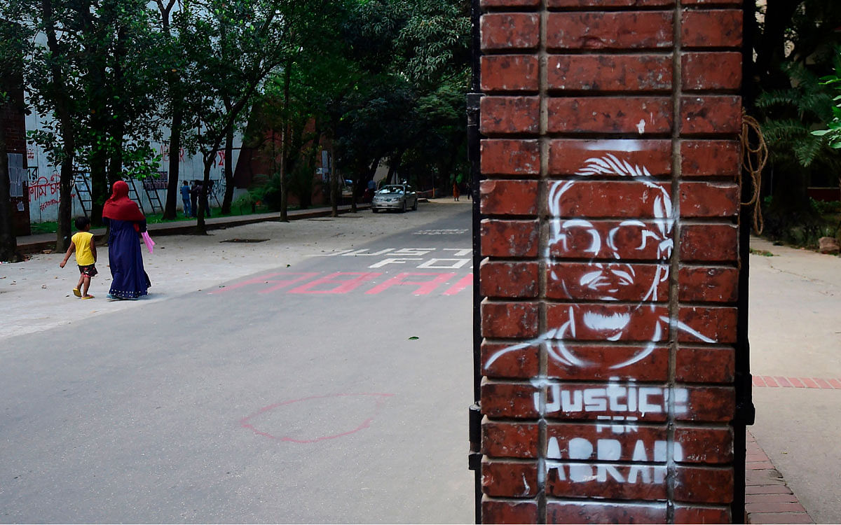 A graffiti reads `Justice for Abrar` is seen in the campus of Bangladesh University of Engineering and Technology (BUET) in Dhaka on 16 October 2019 in remembrance of Abrar Fahad who was allegedly beaten to death by ruling party activists. Photo: AFP
