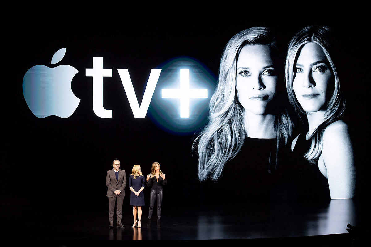 In this file photo taken on 25 March actors Steve Carell, Reese Witherspoon and Jennifer Aniston speak during an event launching Apple tv+ at Apple headquarters in Cupertino, California. Photo: AFP