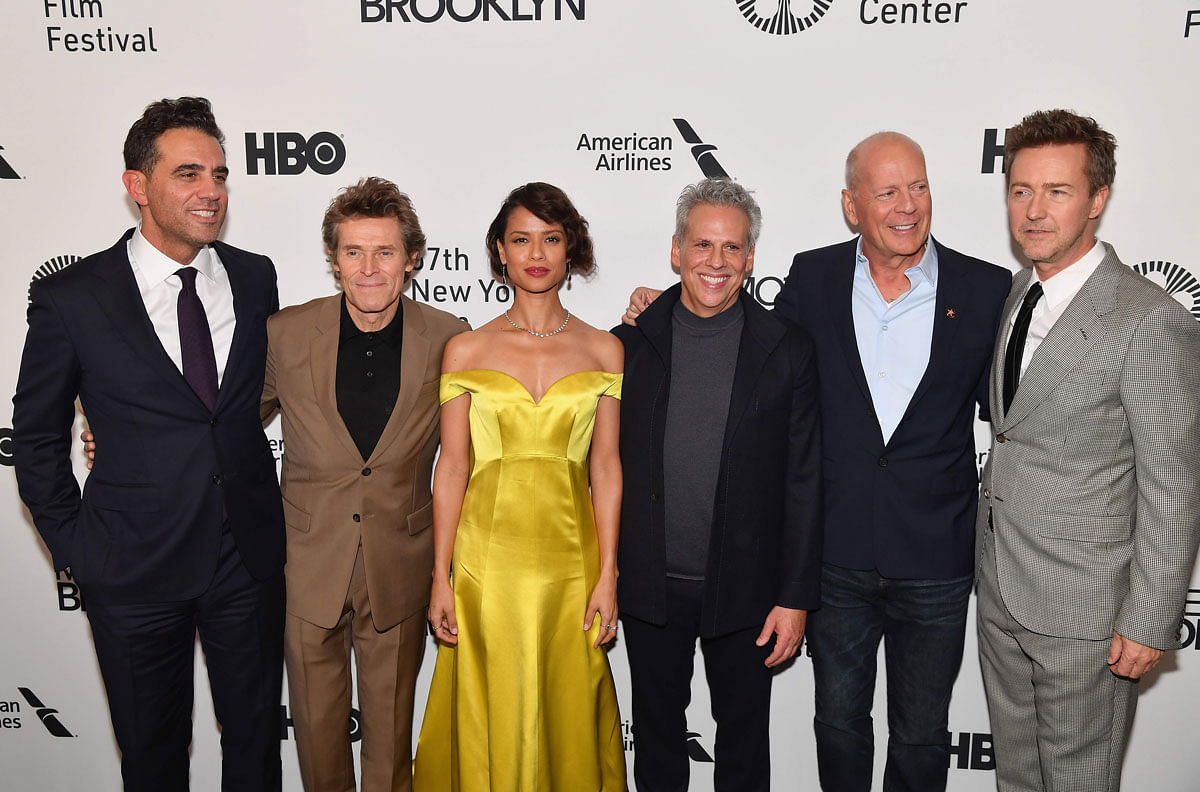 US actors Bobby Cannavale, Willem Dafoe, British actress Gugu Mbatha-Raw, US actors Josh Pais, Bruce Willis and US Director/actor Edward Norton attend the premiere of `Motherless Brooklyn` during the 57th New York Film Festival at Alice Tully Hall on 11 October in New York City. Photo: AFP
