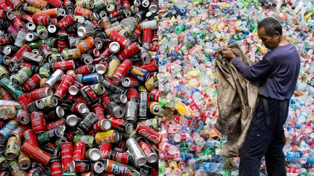 File photos of used plastic bottles and recycle cans. Photo: AFP and Reuters
