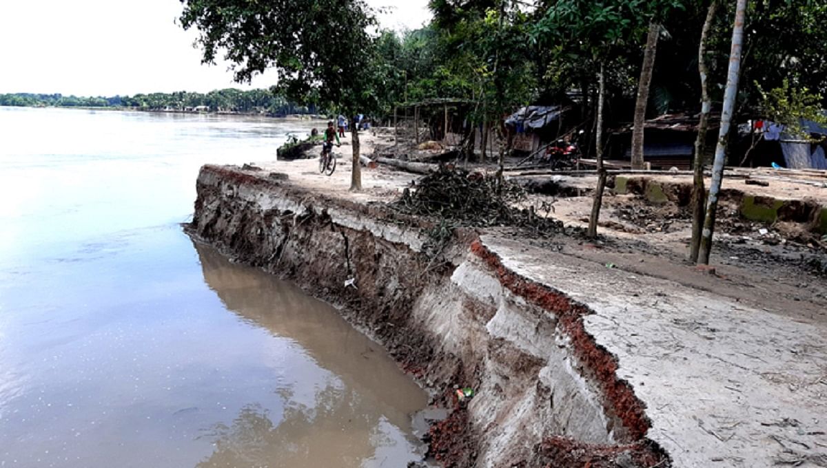 The erosion of Madhumati river in Alfadanga upazila of Faridpur has devoured a huge area within a week. Photo: UNB